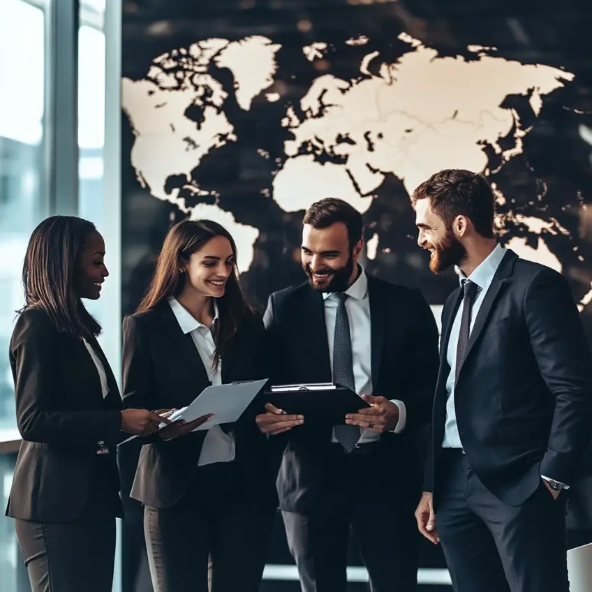 A diverse group of people standing in front of a world map