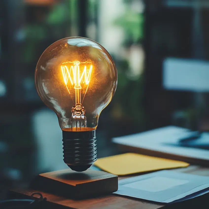 a lightbulb hoving on a desk